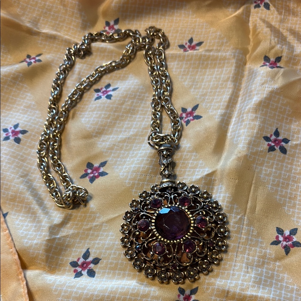 Elegant Purple and Gold Mirror Pendant Necklace